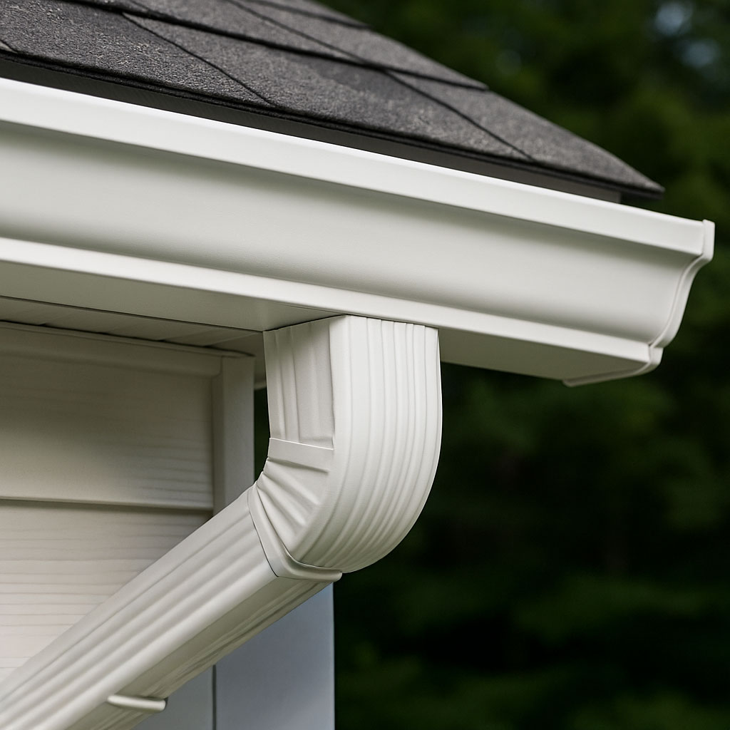 Close-up of a white 5 inch K-Style Gutter on a house
